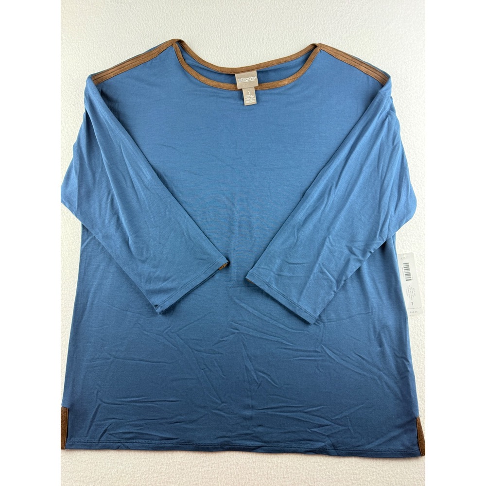 Chicos Blue Suede‎ Trim Boat Neck 3/4 Sleeve Top Colonial Coast Size 1 NEW